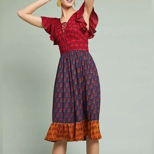 ANTHROPOLOGIE Ranna Gill Miranda Printed Dress Size Large Red/Orange Motiff NWT